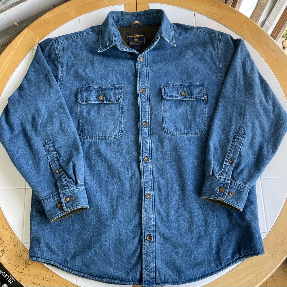 Woolrich Denim Shacket Large Chore Coat Fleece Lined Barn Jacket Western Utility